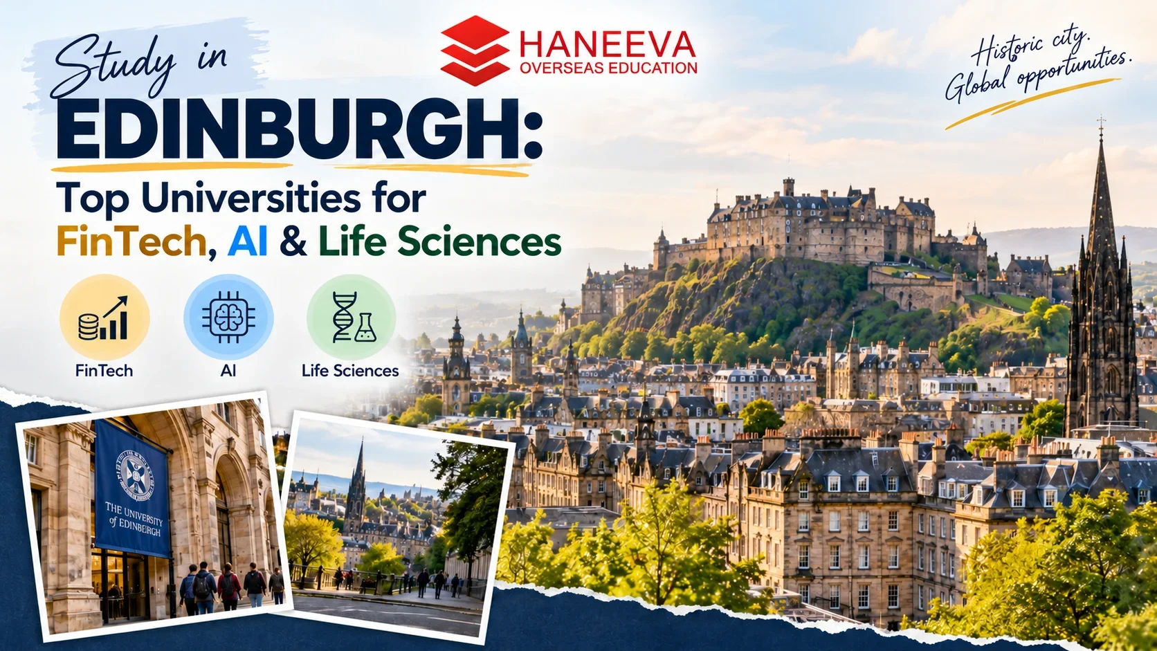 Study in Edinburgh: FinTech, AI and Life Sciences, with Edinburgh Castle and Haneeva Overseas Education branding